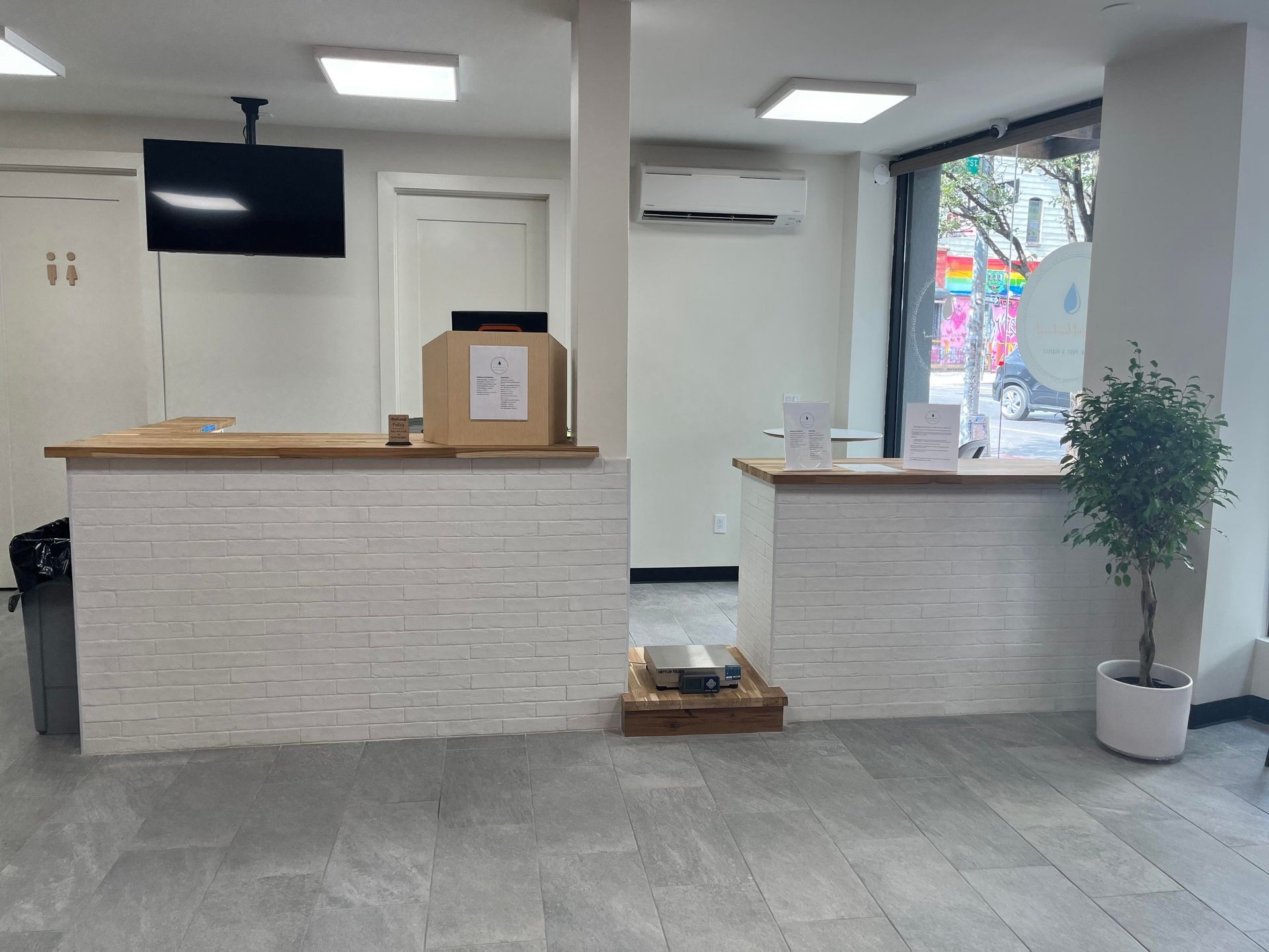 Modern reception area with white brick counters, a small plant, and large window showing street view.